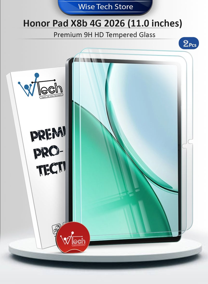 دبليو تيك هونر باد X8b 4G 2026 (11.0 بوصة) واقي شاشة لوحي من زجاج مقسى كامل عالي الوضوح 9H بحواف منحنية من سلسلة WTech المميزة، عبوتان (TSGPCN) - شفاف - Image 1